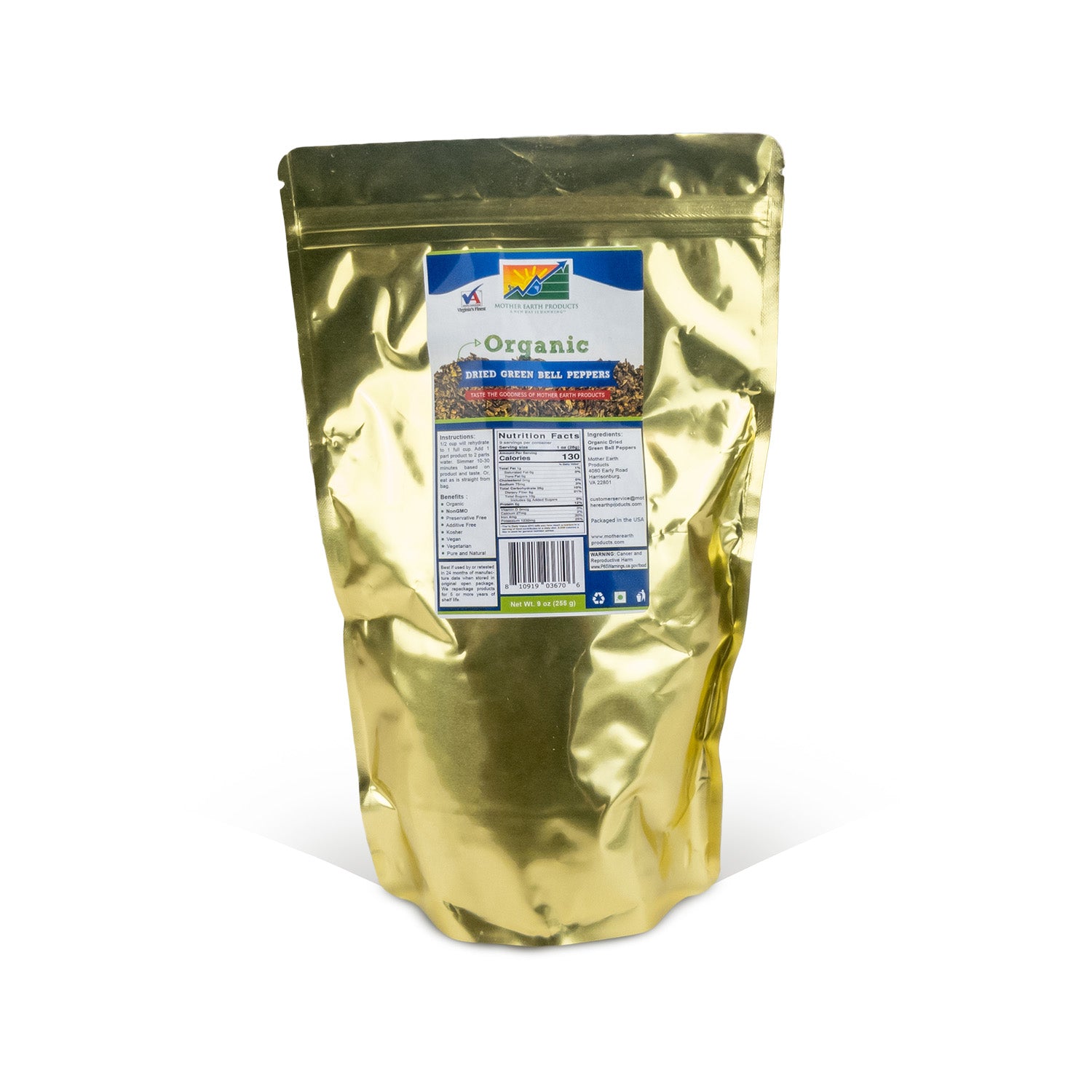 Organic Dried Green Bell Peppers Quart Mylar